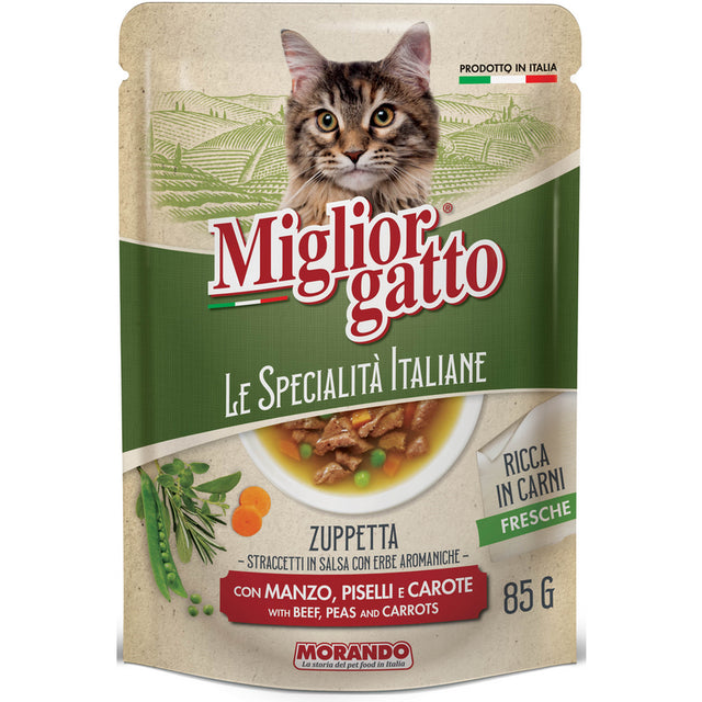 MIGLIOR GATTO LE SPECIALITA' ITALIANE ZUPETTA CON STRACCETTI DI MANZI - PISELLI - CAROTE BUSTA 85 grammi