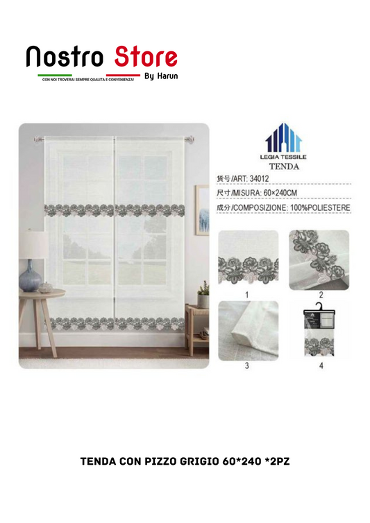 TENDA CON PIZZO GRIGIO 60*240 *2PZ