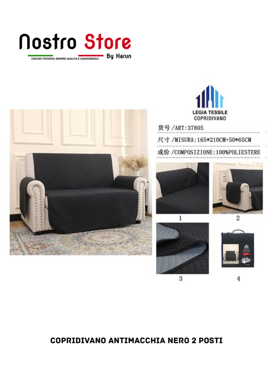 COPRIDIVANO ANTIMACCHIA NERO 2 POSTI