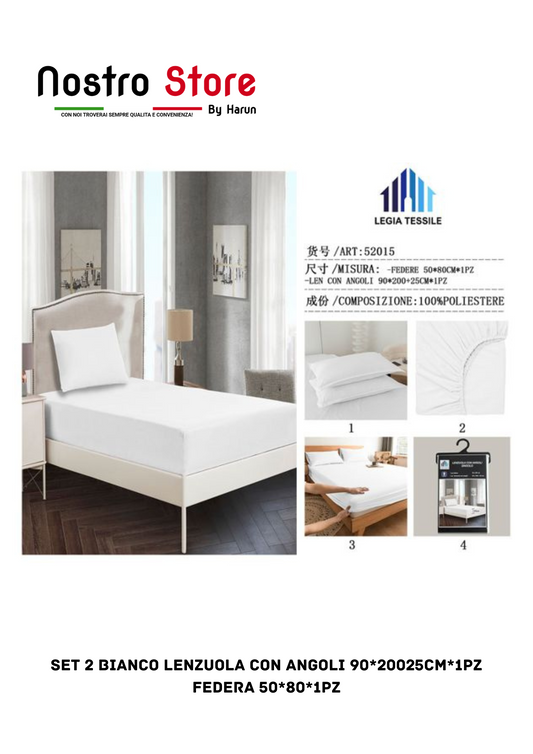 SET 2 BIANCO LENZUOLA con angoli 90*20025CM*1PZ FEDERA 50*80*1PZ