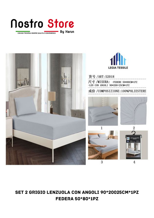 SET 2 GRIGIO LENZUOLA con angoli 90*20025CM*1PZ FEDERA 50*80*1PZ