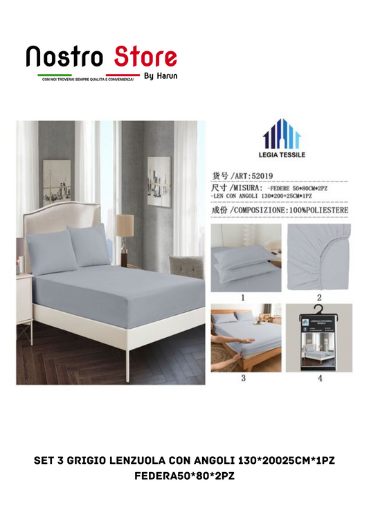 SET 3 GRIGIO LENZUOLA con angoli 130*20025CM*1PZ FEDERA50*80*2PZ