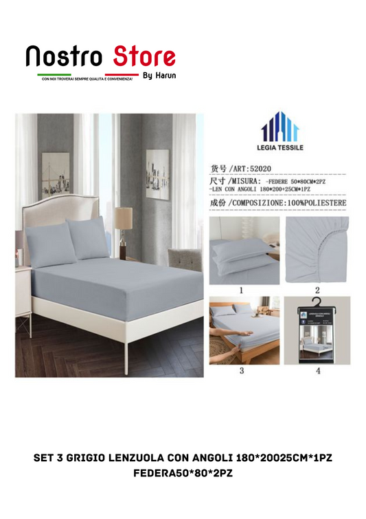 SET 3 GRIGIO LENZUOLA con angoli 180*20025CM*1PZ FEDERA50*80*2PZ