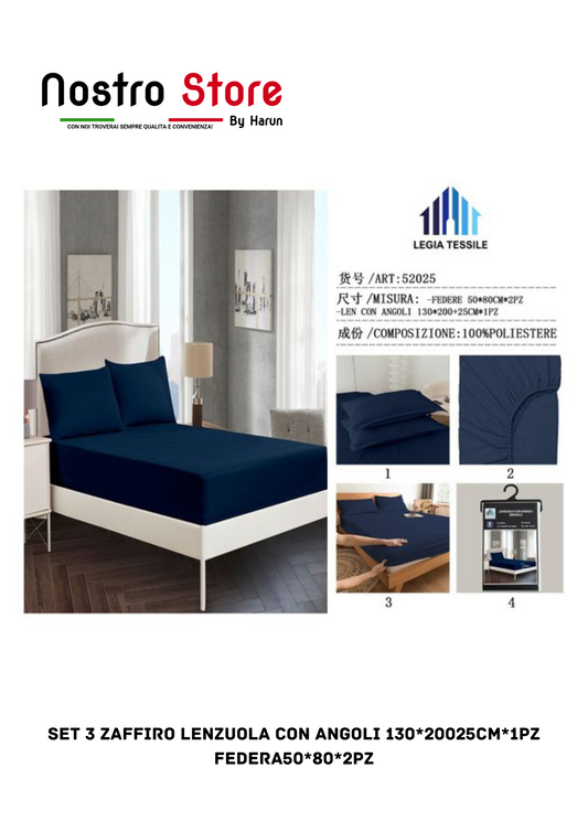 SET 3 ZAFFIRO LENZUOLA con angoli 130*20025CM*1PZ FEDERA50*80*2PZ