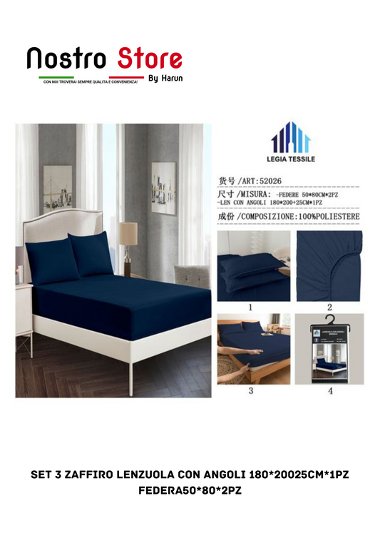 SET 3 ZAFFIRO LENZUOLA con angoli 180*20025CM*1PZ FEDERA50*80*2PZ