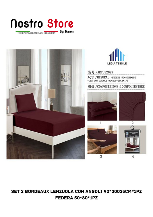 SET 2 BORDEAUX LENZUOLA con angoli 90*20025CM*1PZ FEDERA 50*80*1PZ