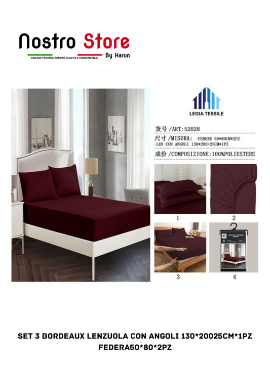 SET 3 BORDEAUX LENZUOLA con angoli 130*20025CM*1PZ FEDERA50*80*2PZ