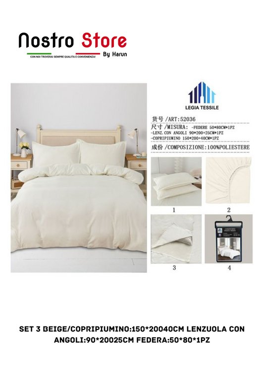 SET 3 BEIGE/COPRIPIUMINO:150*20040CM LENZUOLA con angoli:90*20025CM FEDERA:50*80*1PZ