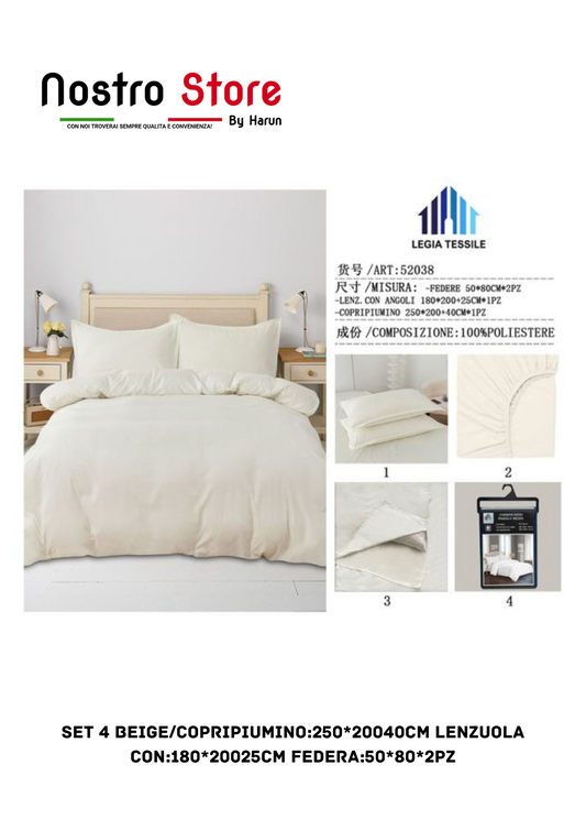 SET 4 BEIGE/COPRIPIUMINO:250*20040CM LENZUOLA con:180*20025CM FEDERA:50*80*2PZ