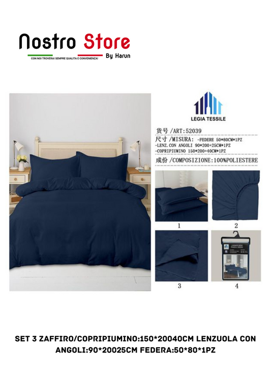 SET 3 ZAFFIRO/COPRIPIUMINO:150*20040CM LENZUOLA con angoli:90*20025CM FEDERA:50*80*1PZ