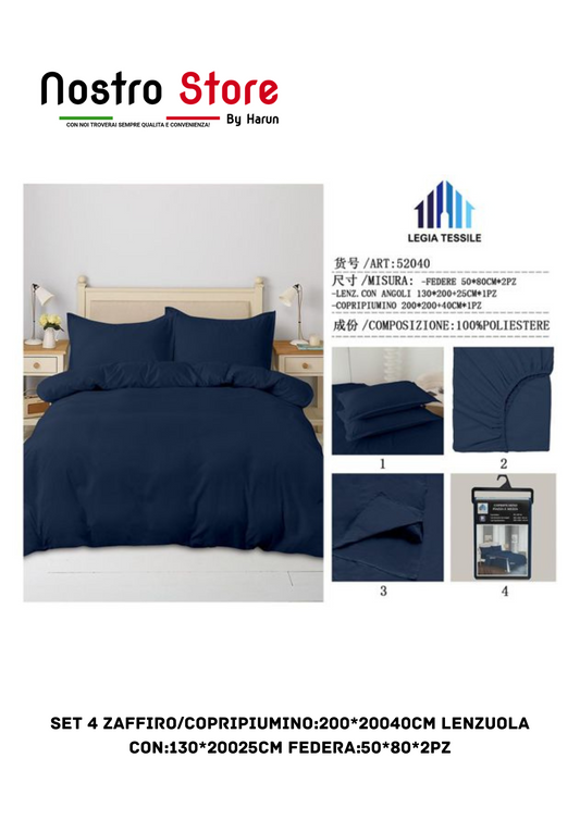 SET 4 ZAFFIRO/COPRIPIUMINO:200*20040CM LENZUOLA con:130*20025CM FEDERA:50*80*2PZ