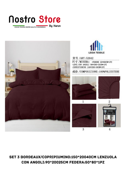 SET 3 BORDEAUX/COPRIPIUMINO:150*20040CM LENZUOLA con angoli:90*20025CM FEDERA:50*80*1PZ