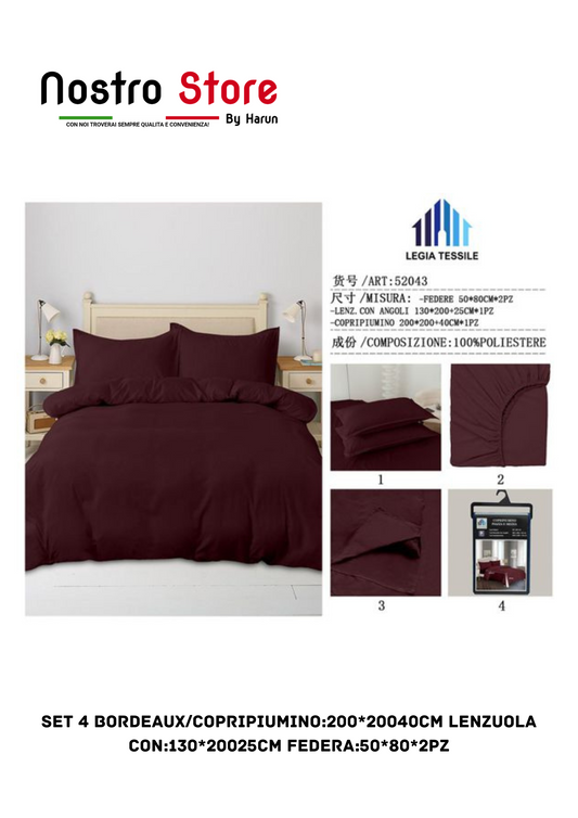 SET 4 BORDEAUX/COPRIPIUMINO:200*20040CM LENZUOLA con:130*20025CM FEDERA:50*80*2PZ
