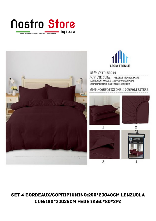 SET 4 BORDEAUX/COPRIPIUMINO:250*20040CM LENZUOLA con:180*20025CM FEDERA:50*80*2PZ