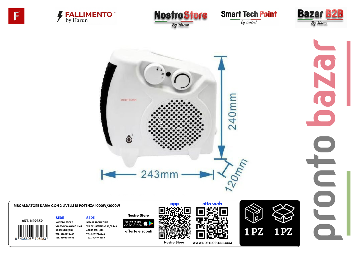RISCALDATORE DARIA CON 2 LIVELLI DI POTENZA 1000W/2000W