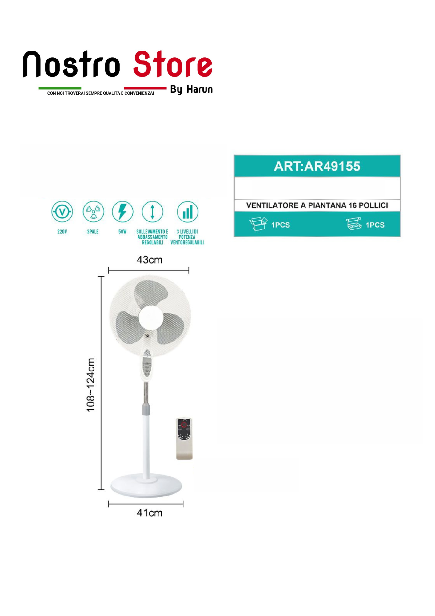 VENTILATORE A PIANTANA CON TELECOMANDO