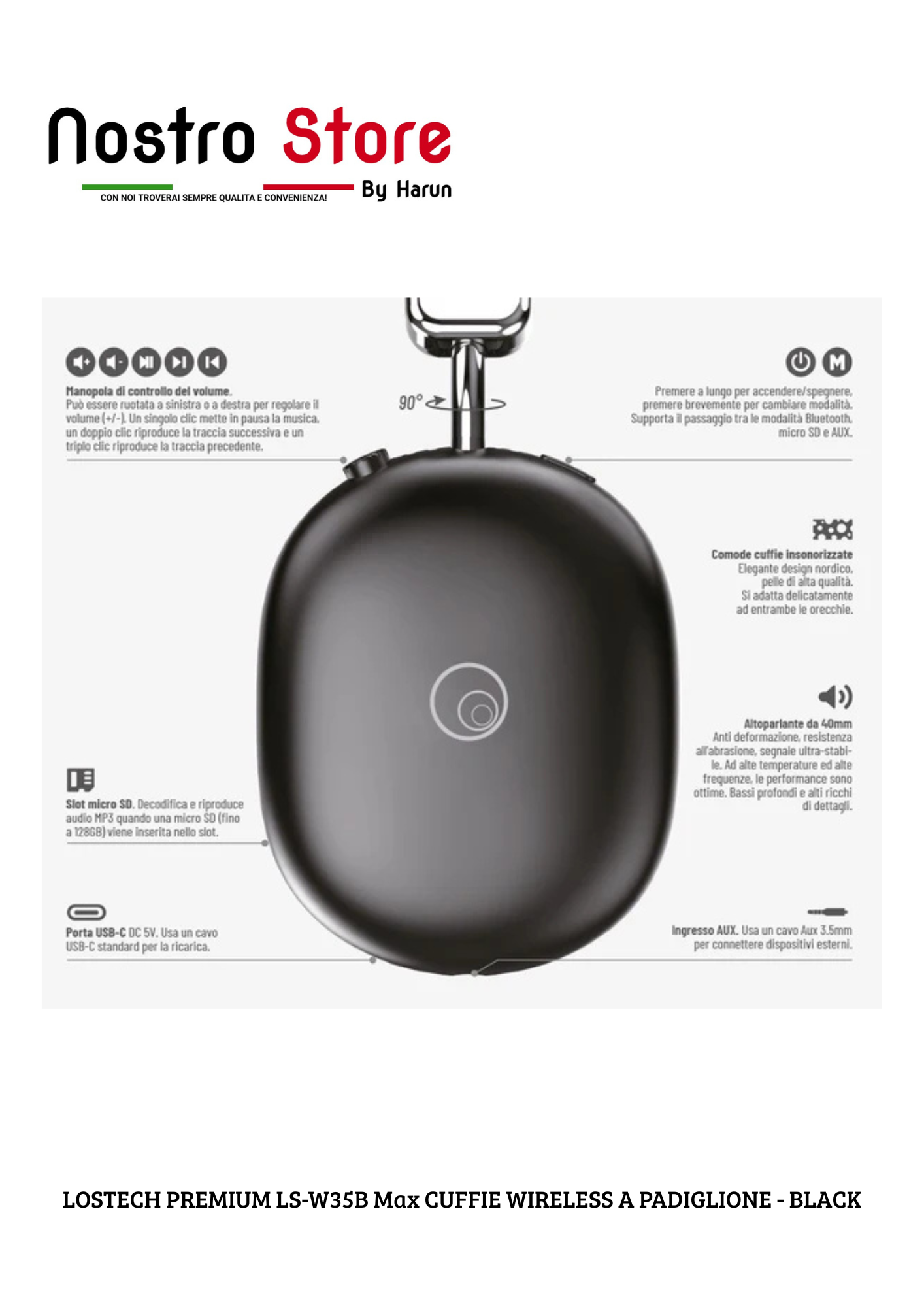 LOSTECH PREMIUM LS-W35B Max CUFFIE WIRELESS A PADIGLIONE - BLACK