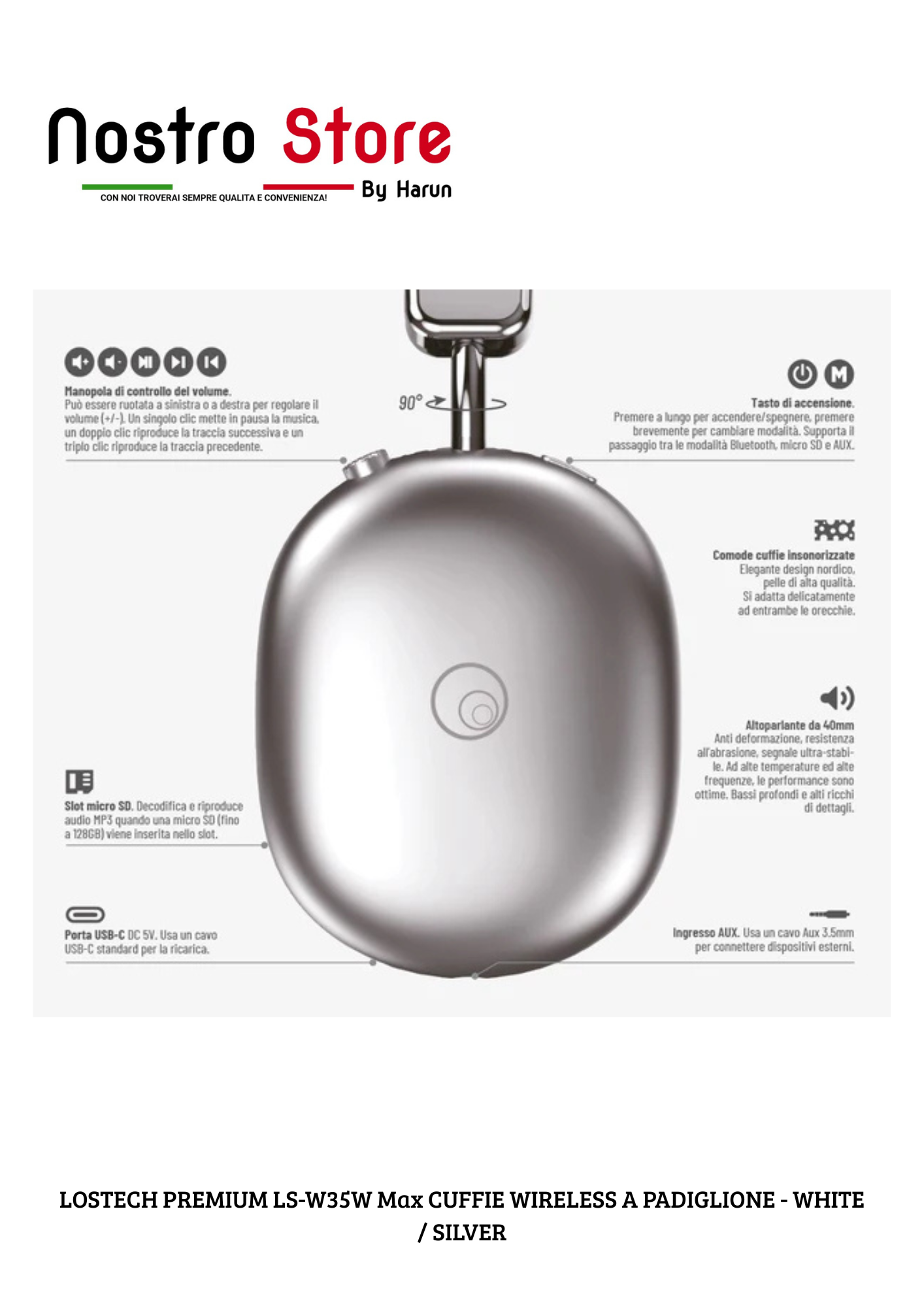 LOSTECH PREMIUM LS-W35W Max CUFFIE WIRELESS A PADIGLIONE - WHITE / SILVER