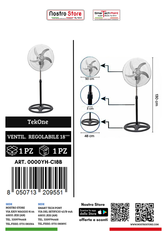 TekOne Ventilatore da 60W a Piantana con Oscillazione e Altezza Regolabile
