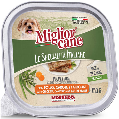 MIGLIOR CANE LE SPECIALITA' ITALIANE POLPETTONE PATE' CON POLLO, CAROTE e FAGIOLINI VASCHETTA 150 grammi