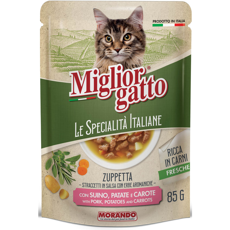 MIGLIOR GATTO LE SPECIALITA' ITALIENE ZUPPETTA CON STRACCETTI DI SUINO - PATATE - CAROTE BUSTA 85 grammi