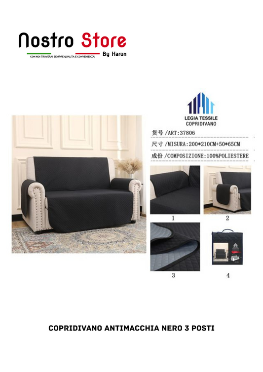 COPRIDIVANO ANTIMACCHIA NERO 3 POSTI