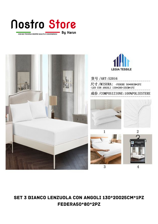 SET 3 BIANCO LENZUOLA con angoli 130*20025CM*1PZ FEDERA50*80*2PZ