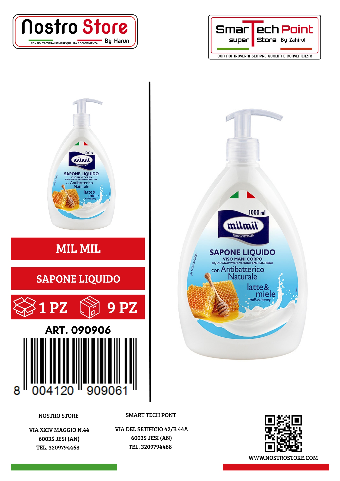 MIL MIL SAPONE LIQUIDO VISO-MANI-CORPO LATTE E MIELE  DISPENSER