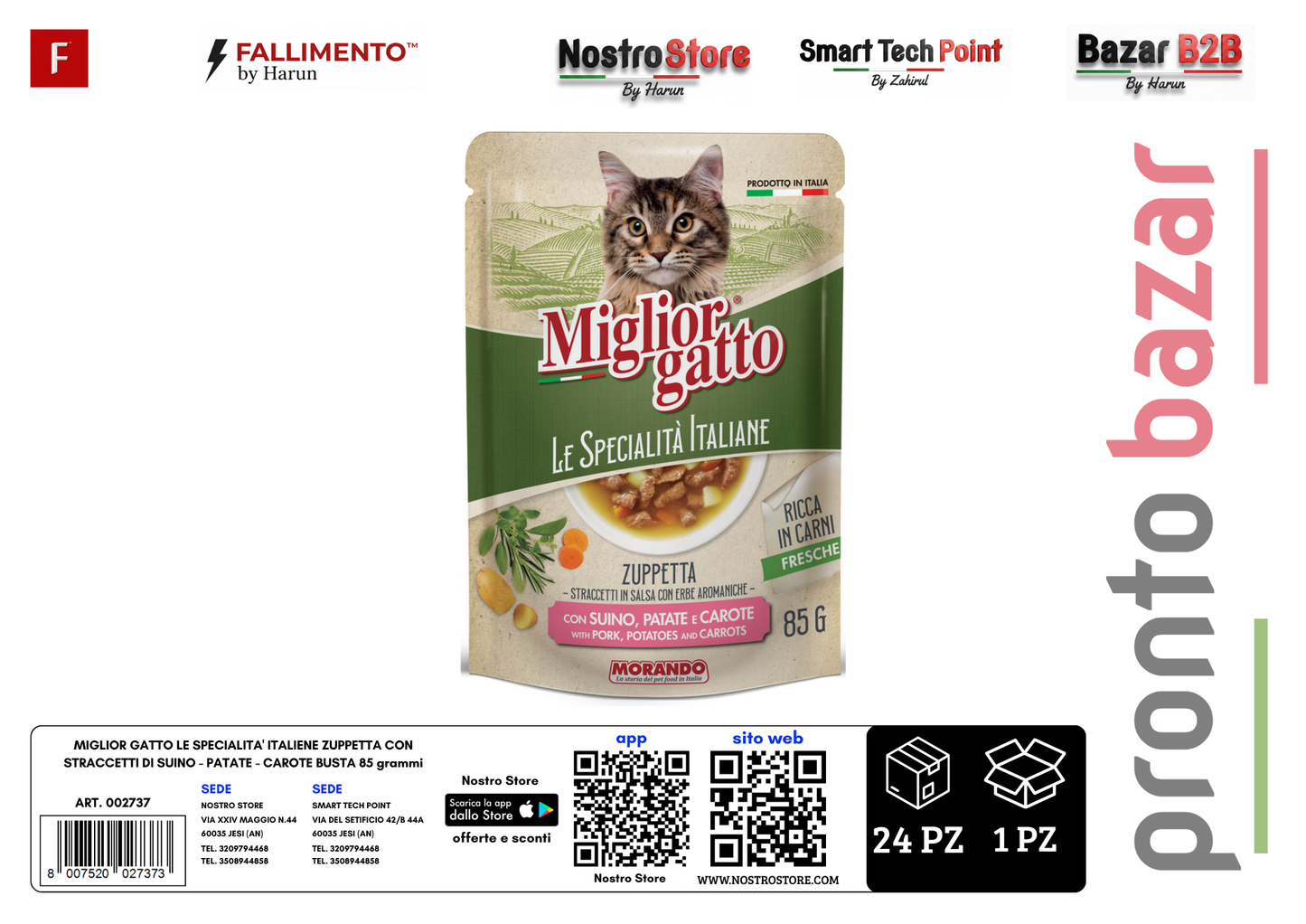 MIGLIOR GATTO LE SPECIALITA' ITALIENE ZUPPETTA CON STRACCETTI DI SUINO - PATATE - CAROTE BUSTA 85 grammi