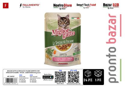 MIGLIOR GATTO LE SPECIALITA' ITALIENE ZUPPETTA CON STRACCETTI DI SUINO - PATATE - CAROTE BUSTA 85 grammi