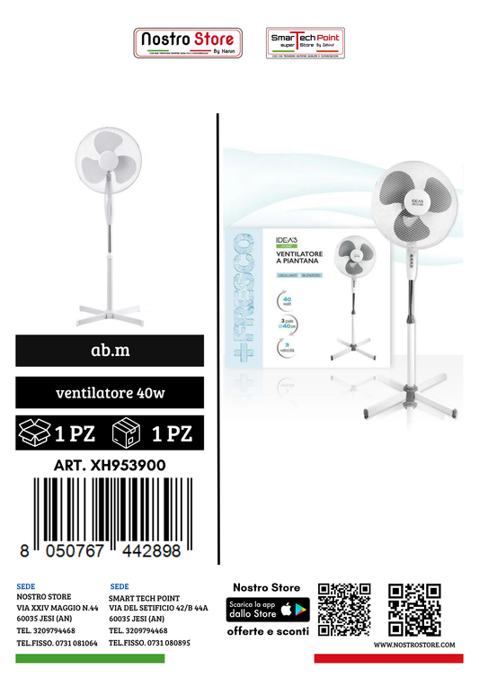 VENTILATORE PIANTANA 3 VELOCITA 40CM H.1.25CM 3 PALE 230V/50Hz 40W