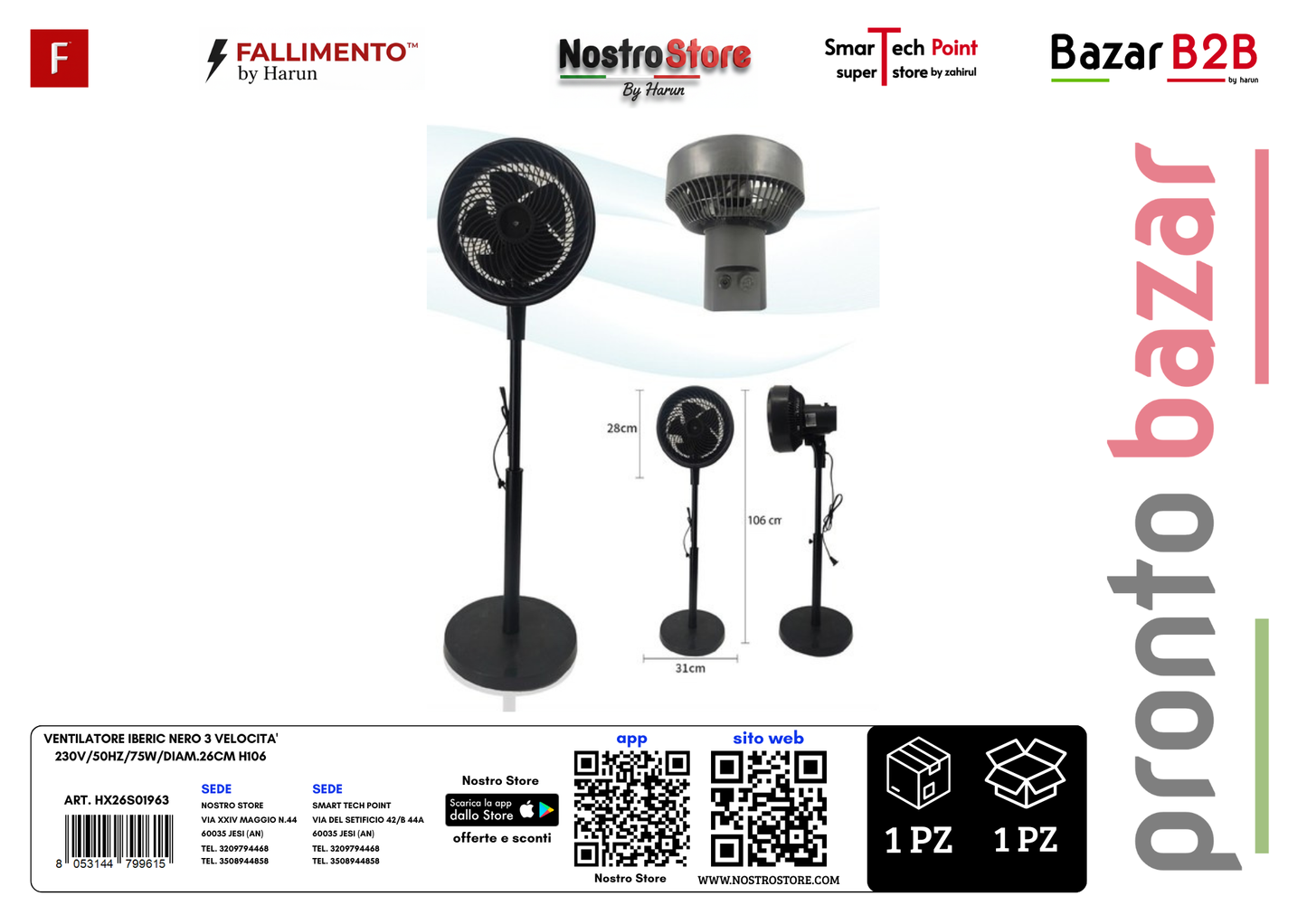 VENTILATORE IBERIC NERO 3 VELOCITA' 230V/50HZ/75W/DIAM.26CM H106