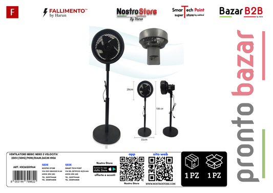 VENTILATORE IBERIC NERO 3 VELOCITA' 230V/50HZ/90W/DIAM.26CM H106