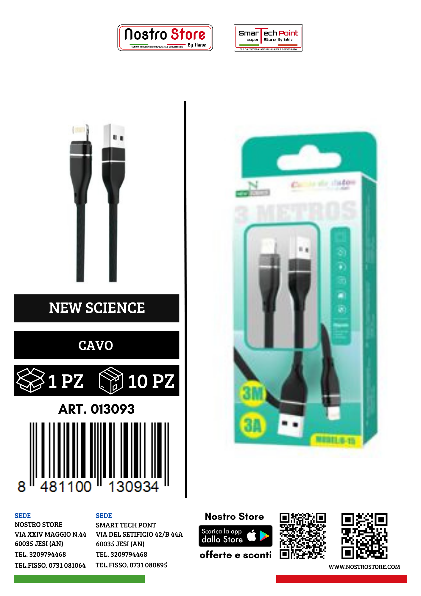 3A CAVO USB FOR  IPHONE 3M