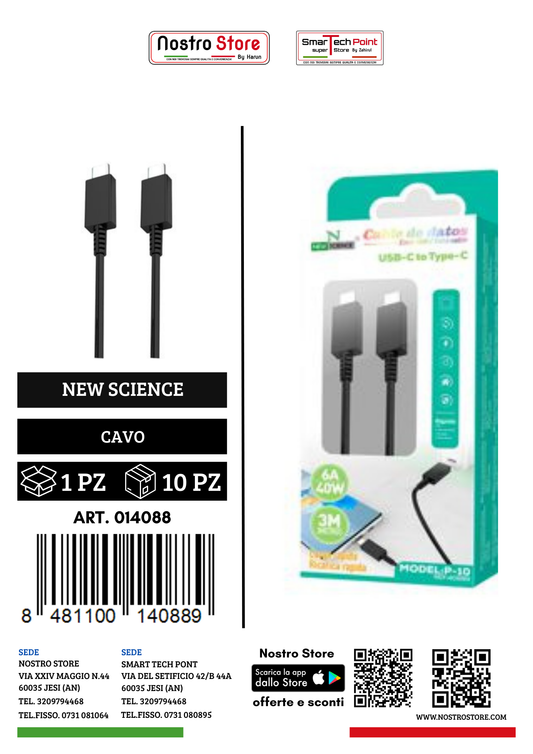 6A/40W  CAVO PD USB-C A TYPE-C  3M P-10