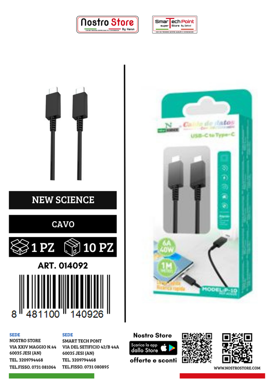 6A/40W  CAVO PD USB-C A TYPE-C  1M P-10