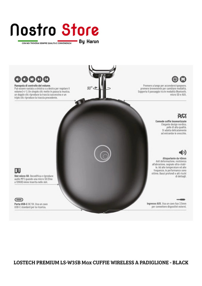 LOSTECH PREMIUM LS-W35B Max CUFFIE WIRELESS A PADIGLIONE - BLACK
