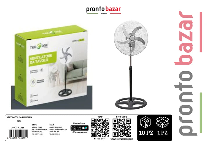 TekOne Ventilatore da 60W a Piantana con Oscillazione e Altezza Regolabile